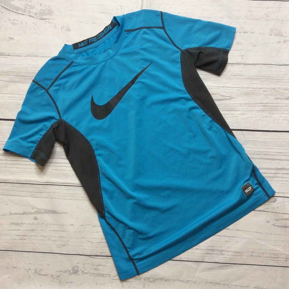 NIKE Pro Combat Boys Dry-fit Fitted Short Sleeve Training Tee Size M Blue Gray